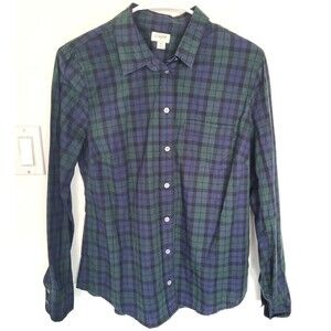 J Crew Women's Size M Cotton Shirt Blue Green Plaid Button Down Classic Preppy